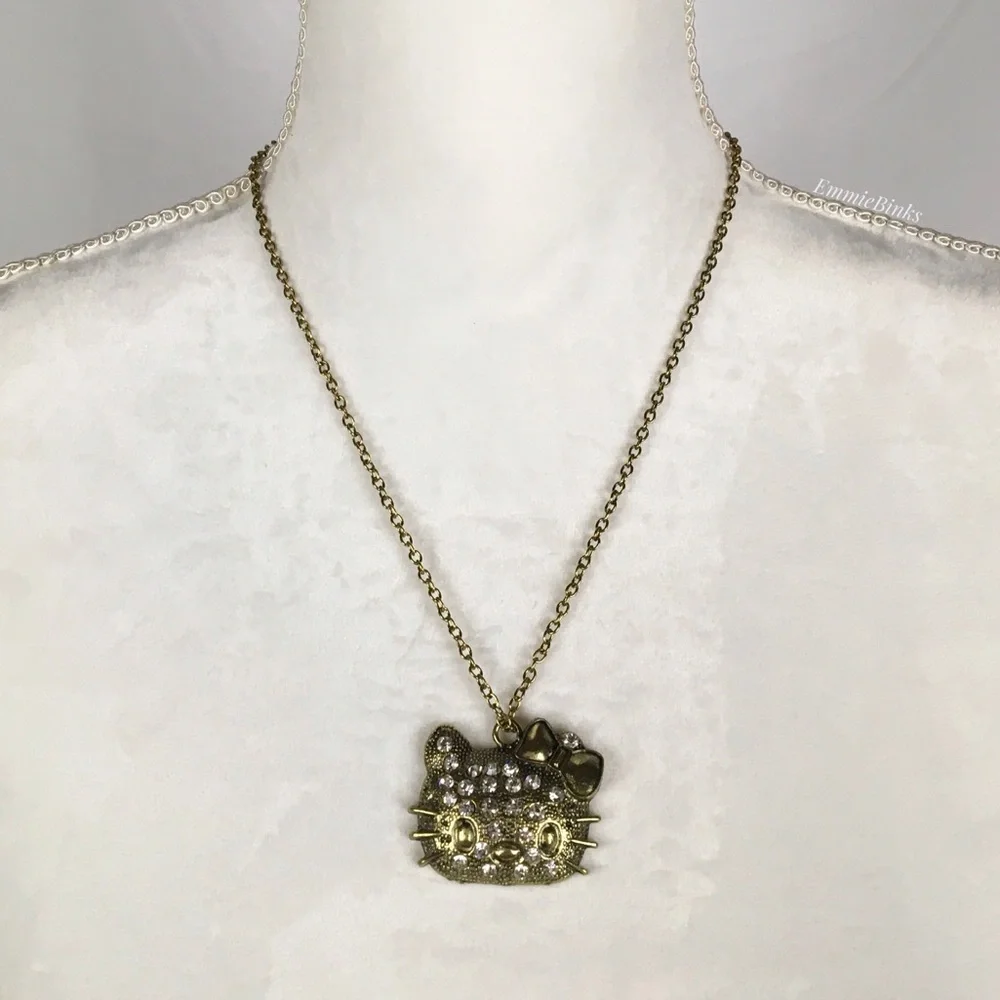 ✨3/$38 NWT Hello Kitty Bronze & Rhinestone Pendant Necklace ~ Bronze Cat Charm - Picture 3 of 11